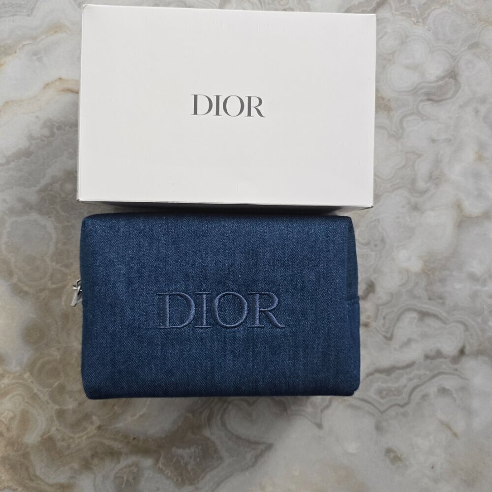 NEW Dior Denim Cosmetic Bag Blue with Dior Addict Lip Maximizer and Diorshow Mas